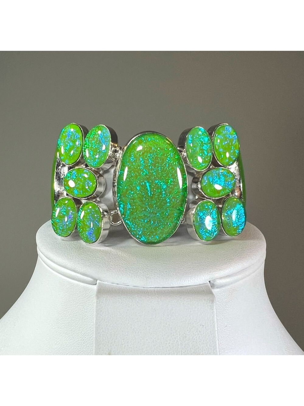 Green Triplet Opal 925 Synthetic Stone Large Bracelet
